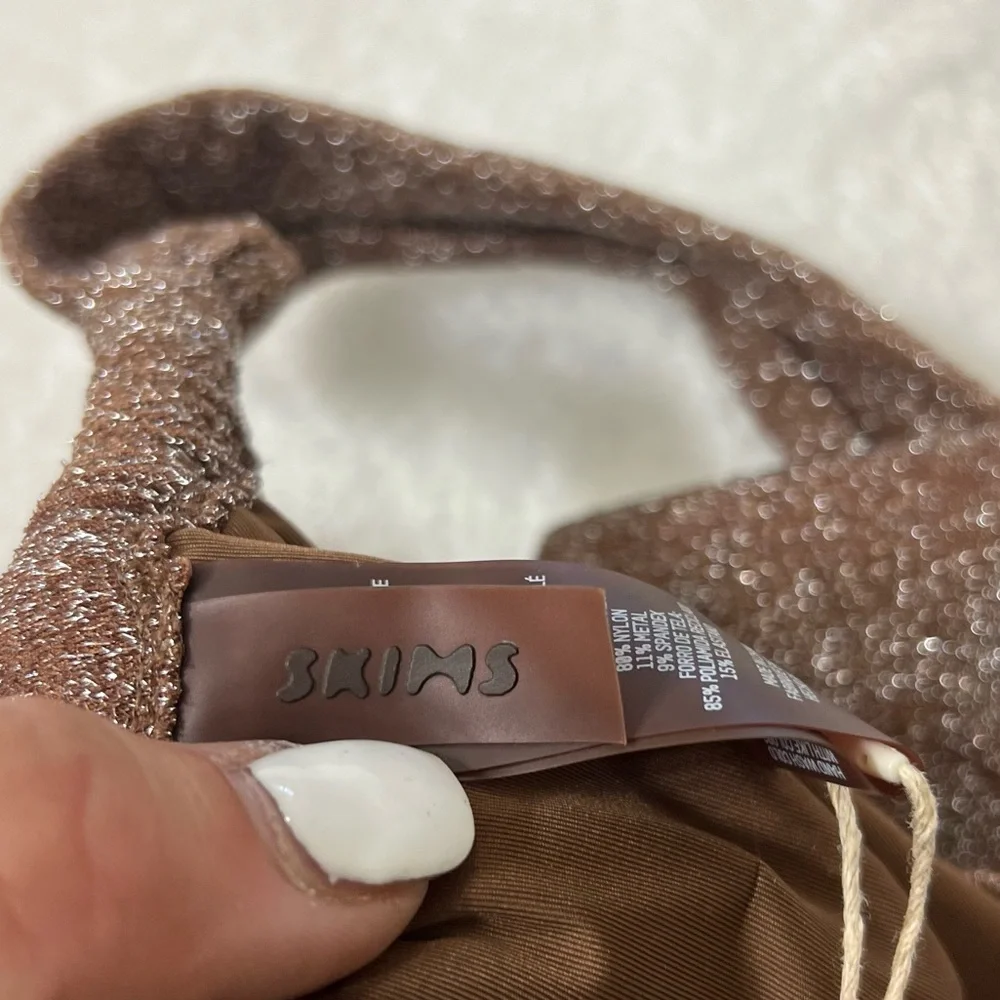 Skims Glitter Swim Ruched Tanga Bikini Bottom Jasper Brown Size L